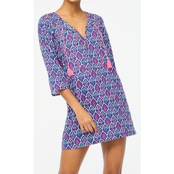 J Crew Printed Beach 3/4 Sleeve Boho V Neck Tassels Tunic US Women's M New - Picture 1 of 7